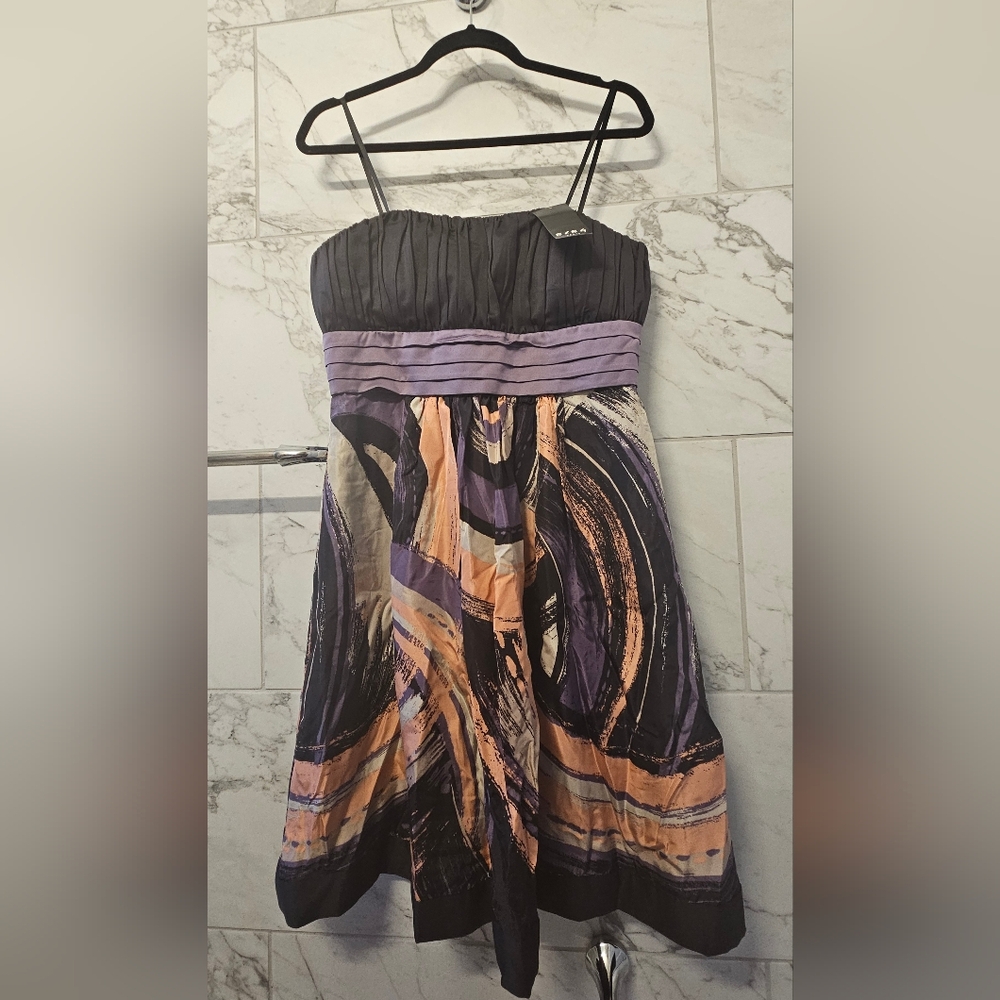 BCBG Paris Gray and Purple Ruched Strapless Cocktail Dress